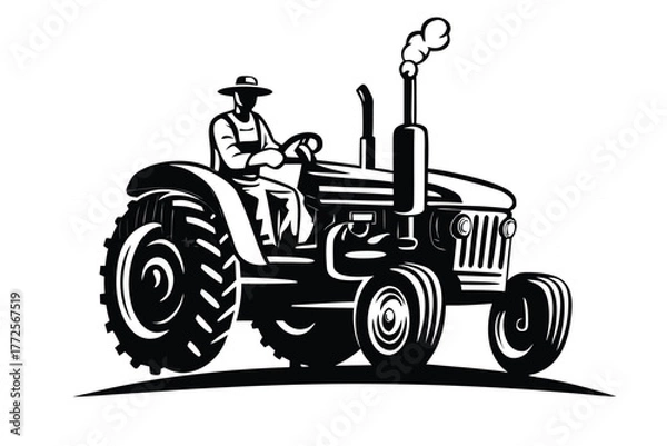Fototapeta Black and white drawing shows a farmer driving an old tractor with smoke