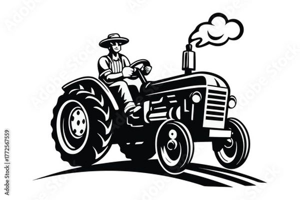 Fototapeta Farmer is cheerfully driving a vintage tractor while smoke comes out of the engine