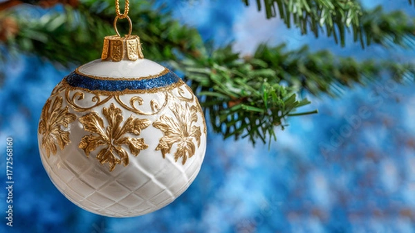 Fototapeta Beautifully crafted Christmas ornament hanging from a green tree branch against a sparkling blue background during the festive holiday season