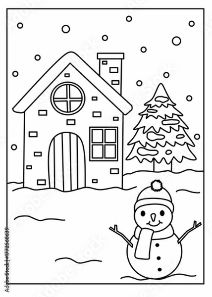 Obraz Winter landscape coloring page for kids. Includes snowy house, tree, and snowman. Perfect for holiday and art lessons.