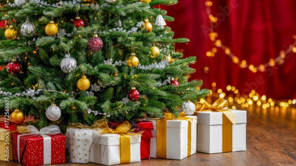 Fototapeta Festive Christmas tree adorned with colorful ornaments and a pile of beautifully wrapped gifts set against a cozy, twinkling background in a warm living room