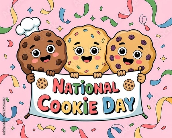 Fototapeta Three happy cookies celebrate national cookie day on a pink background