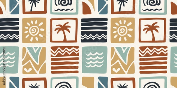 Fototapeta Bohemian retro tropical pattern with sun palm trees waves and abstract shapes