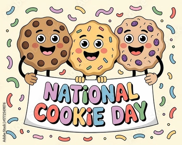 Fototapeta Three happy cookies celebrate national cookie day on a beige background