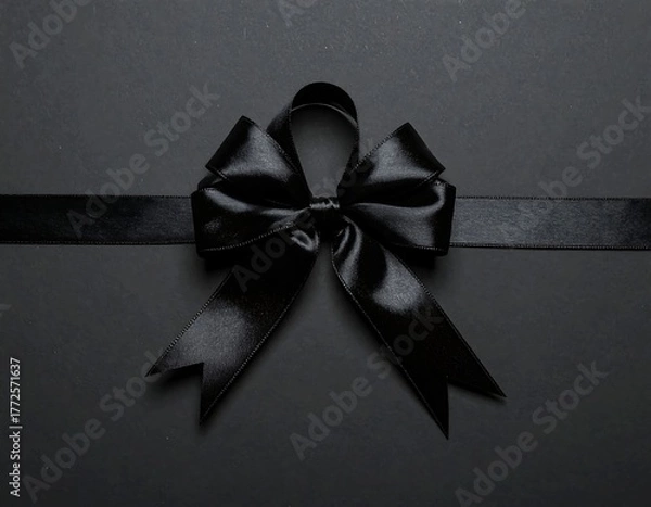 Fototapeta Overhead shot of a black satin bow and ribbon against a dark backdrop