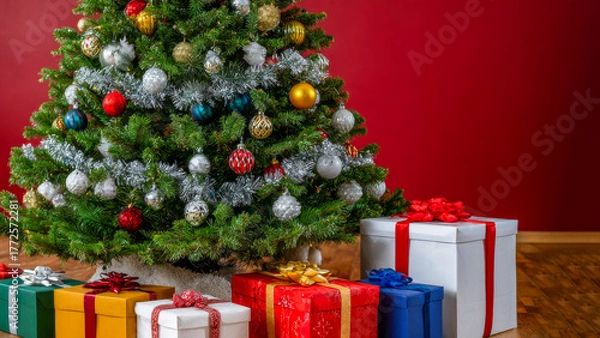 Fototapeta Bright and festive Christmas tree adorned with colorful ornaments and beautifully wrapped gifts gathered beneath, creating a warm holiday atmosphere in a cozy room