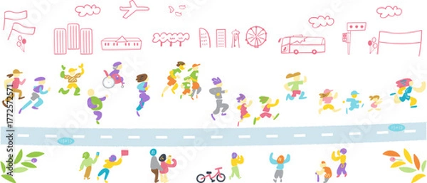 Fototapeta 街を駆け抜ける多様な市民ランナー — 希望と未来を走り続ける象徴的イラスト
