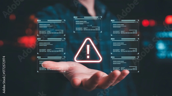 Fototapeta Urgent cybersecurity threat detected with flashing warning sign and data alerts showcased in hand, calling for immediate action and digital protection