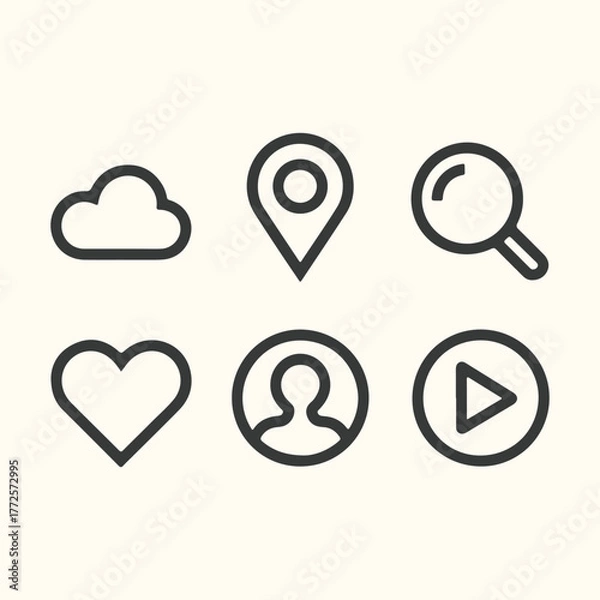 Fototapeta Set of six simple outline icons including a cloud, map pin, search magnifying glass, heart, user profile, and play button