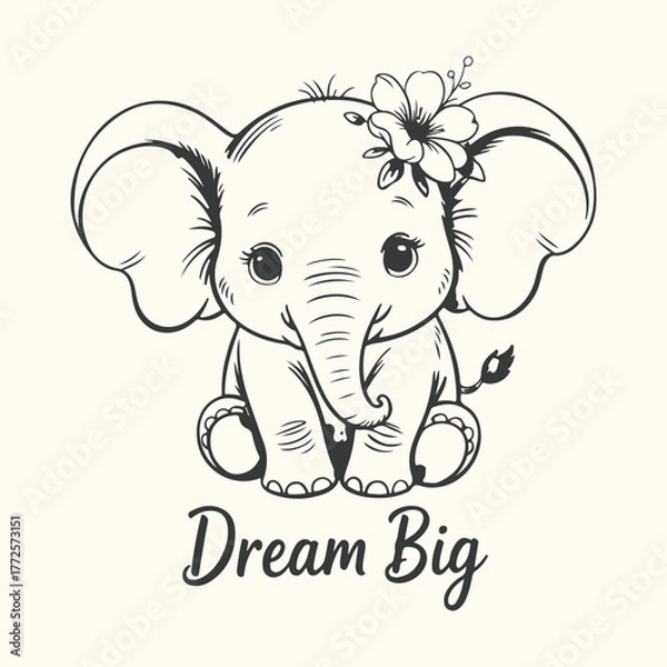Fototapeta Cute baby elephant with a flower on its head and the text dream big, isolated on a light cream background
