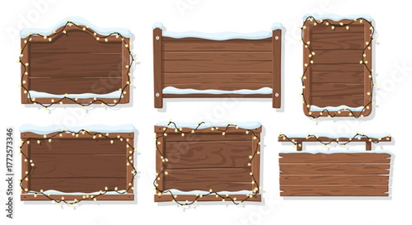 Obraz Collection of wooden signs with snow and festive lights for winter decor