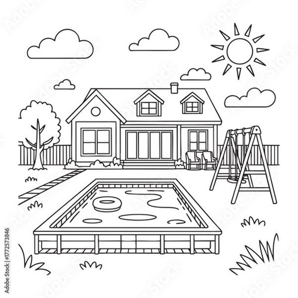 Fototapeta Black and white line drawing of a house with a swimming pool and swing set home