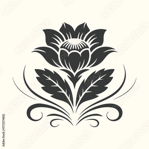 Fototapeta Elegant black floral ornament with swirling decorative elements on a light cream background