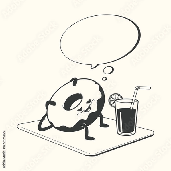 Fototapeta A cartoon donut relaxing on a mat with a drink and a thought bubble