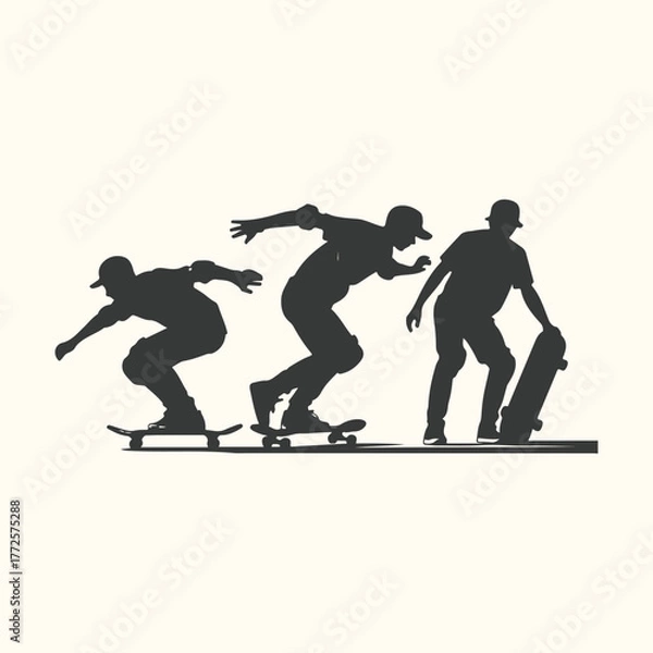 Fototapeta Silhouette of a skateboarder in three different poses, demonstrating motion and skill