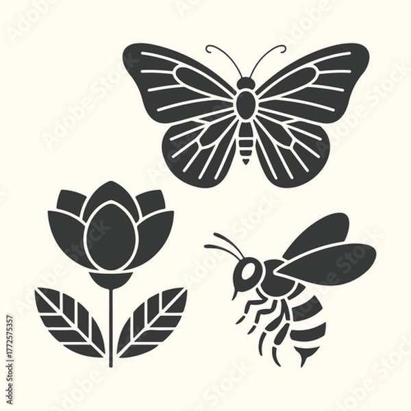 Fototapeta Black silhouette of a butterfly, a bee, and a flower with leaves on a cream background