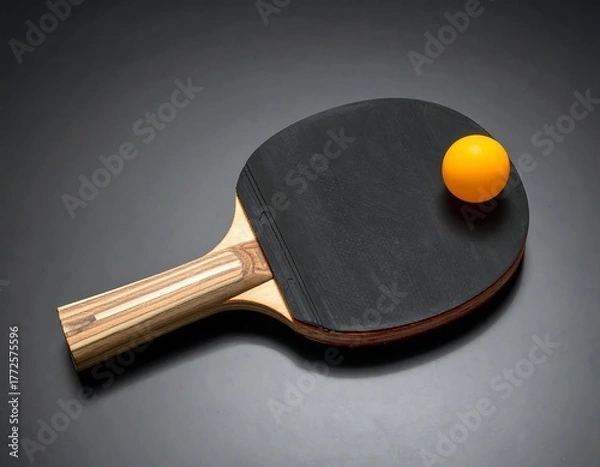 Fototapeta Overhead shot of a table tennis paddle with a bright orange ball