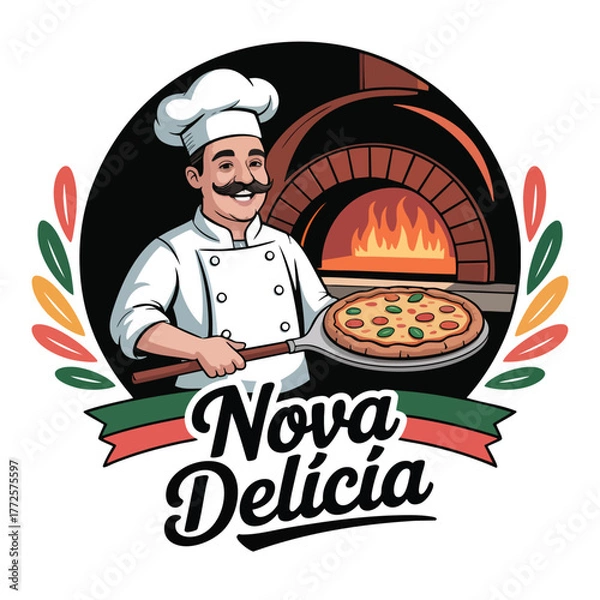 Fototapeta Chef with pizza in front of wood fired oven and decorative leaves italian food