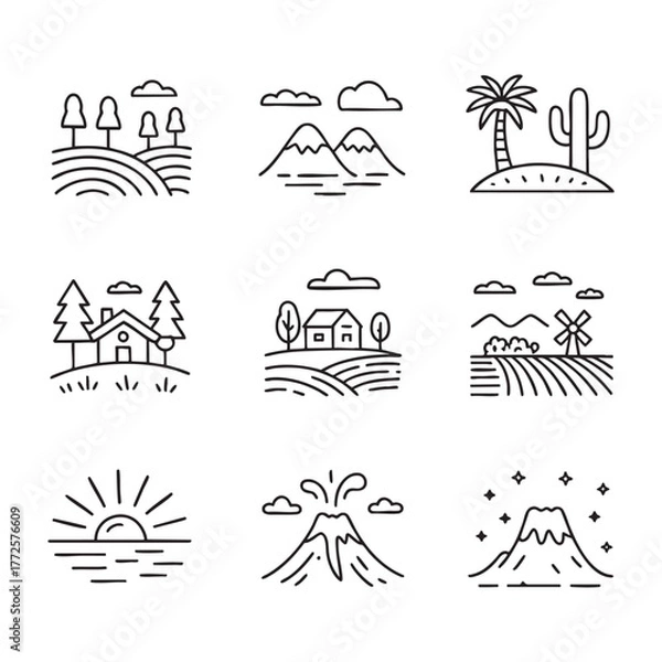 Fototapeta Collection of nine simple black line art icons depicting landscapes and natural elements