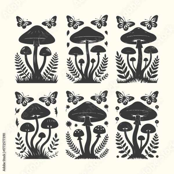 Fototapeta A collection of six black mushroom and butterfly illustrations on a cream background