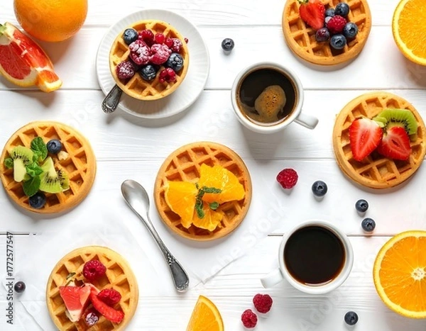 Fototapeta Overhead shot of breakfast waffles, fruit, coffee on white planks