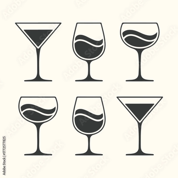 Fototapeta Collection of six different wine and cocktail glasses with dark liquid, isolated on a light background
