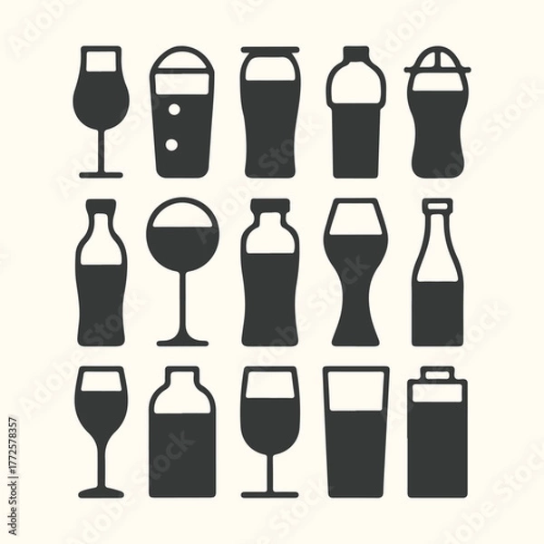 Fototapeta Collection of various drink containers and glasses, isolated on a light background