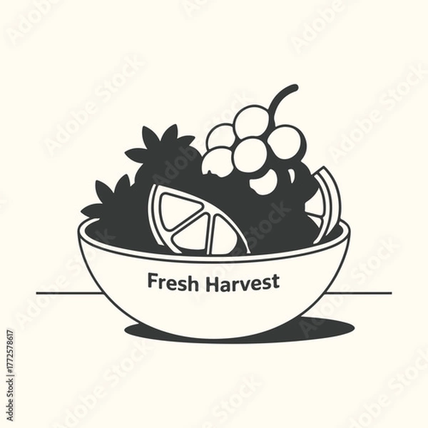 Fototapeta A black and white illustration of a bowl filled with fresh fruits like grapes, oranges, and strawberries, with the text fresh harvest on the bowl