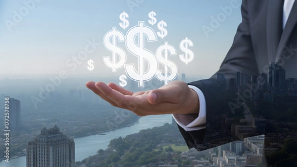 Fototapeta Visualize your financial success with a powerful image of a businessperson holding money symbols over a thriving city landscape for growth concepts