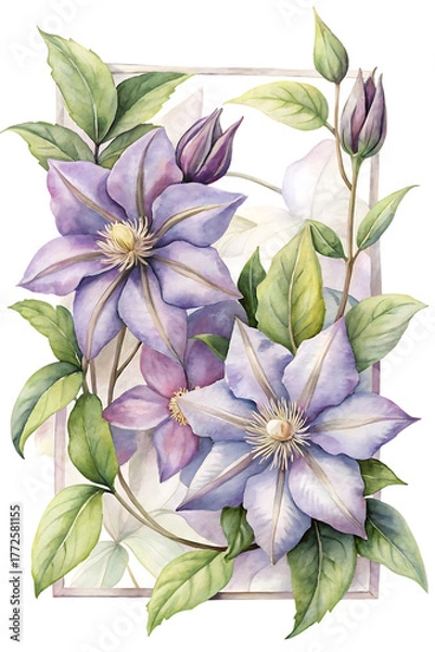 Fototapeta A beautiful watercolor illustration of delicate purple clematis flowers with green leaves and buds, set within a subtle, lightcolored frame, isolated on a transparent background