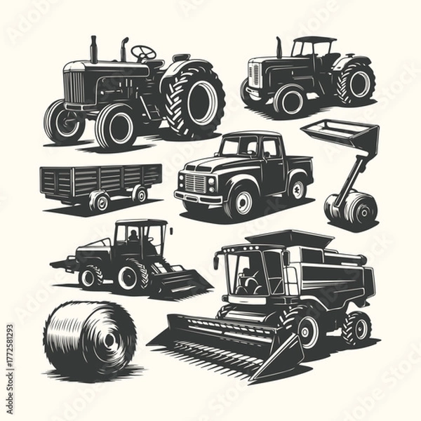 Fototapeta Collection of vintage and modern farm equipment, including tractors, a combine harvester, and a pickup truck, isolated on a