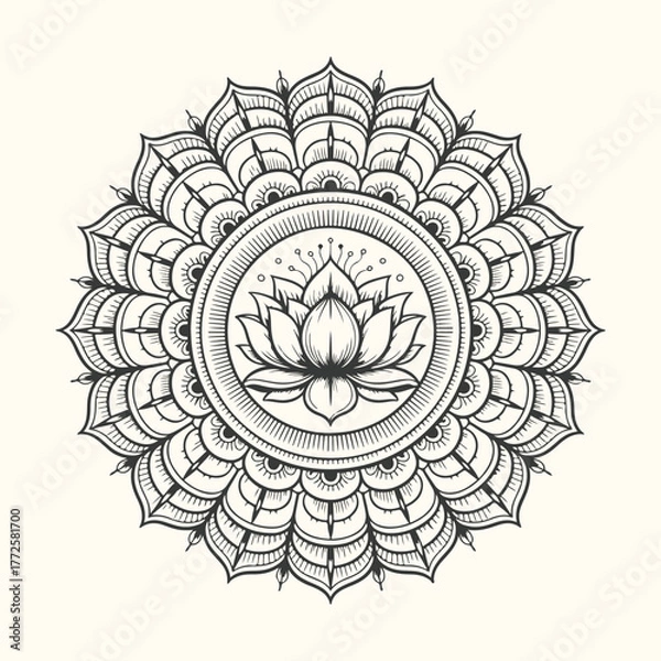 Fototapeta Intricate black and white lotus mandala design, isolated on a cream background, symbolizing peace and spirituality