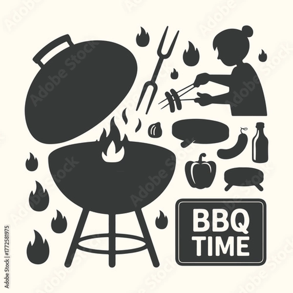 Fototapeta Silhouette of a person grilling food on a barbecue grill with flames and various food items