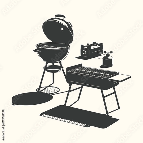 Fototapeta Barbecue grill and portable gas stove with propane tank and accessories