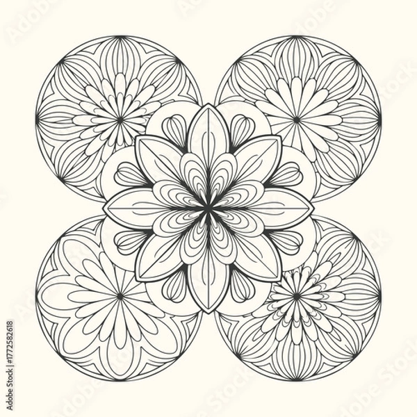Fototapeta Intricate mandala pattern with floral elements and geometric symmetry, black and white line art