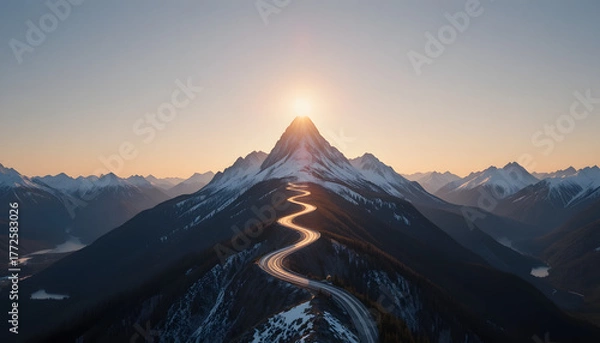 Fototapeta Winding road leading to a snow-capped mountain peak sunburst at the summit symbolizing adventure and overcoming challenges