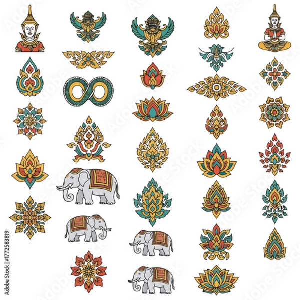 Fototapeta Collection of detailed vector illustrations depicting traditional Thai art elements, including deities, mythical creatures, lotus flowers, elephants, and int...