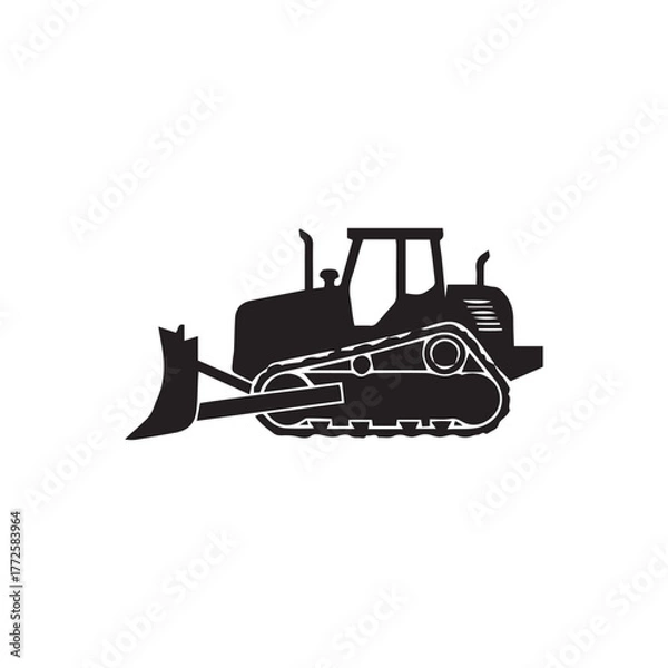 Fototapeta Silhouette illustration of a bulldozer, showing its tracks, blade, cabin, and engine details against a plain white background.
