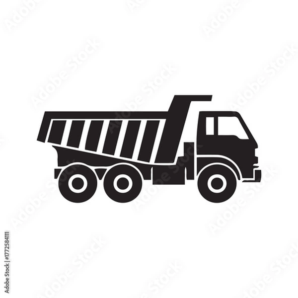 Fototapeta Silhouette illustration of a dump truck with a raised bed, featuring a simple, bold design against a white background.