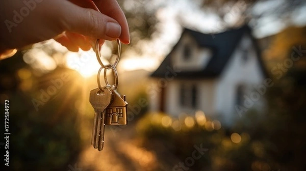 Fototapeta Hand Holding House Keys In Front Of Home At Sunset