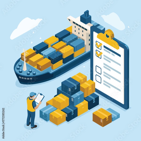 Fototapeta Isometric cargo ship with stacked boxes and checklist clipboard container ship shipping