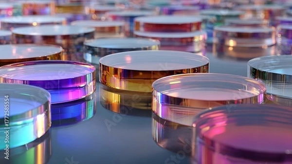 Fototapeta Abstract background of iridescent glass discs with colorful reflections, creating a futuristic and vibrant aesthetic