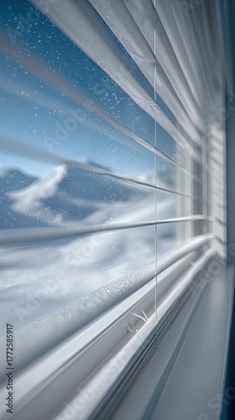 Fototapeta Snowy Mountain View Through White Blinds