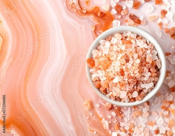 Fototapeta Overhead shot of Himalayan pink salt in a white bowl, textured background