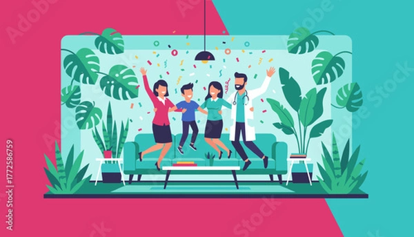 Fototapeta Family and doctor celebrating health success with confetti in a cheerful modern interior
