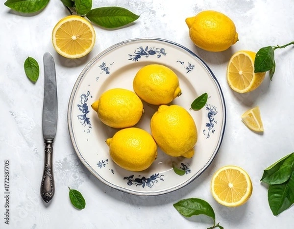 Fototapeta Overhead shot of lemons on a plate, surrounded by leaves