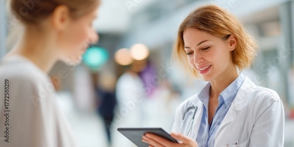 Fototapeta Young female doctor holding a tablet while consulting a patient in a bright medical clinic. Friendly expression, modern healthcare technology, and caring communication in focus.