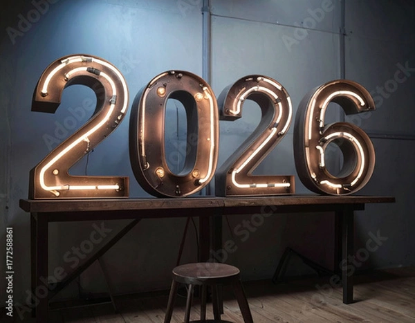 Fototapeta 【年賀状】2026のネオン管と暗い室内のクールな装飾