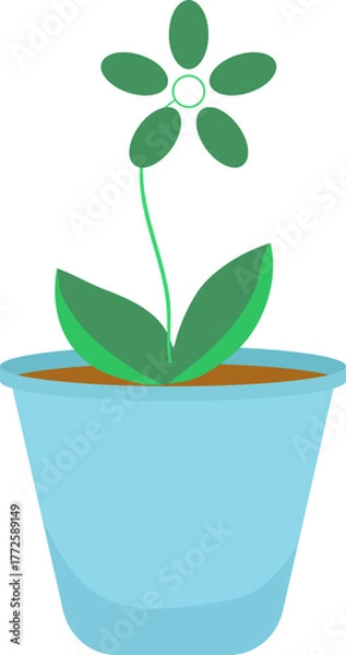 Fototapeta Simple green plant in blue pot illustration. Flat design vector of houseplant, flower, or decorative flora on white background.