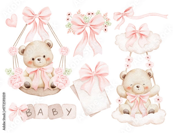 Fototapeta Watercolor Illustration Set of Baby Teddy Bears and Nursery Elements